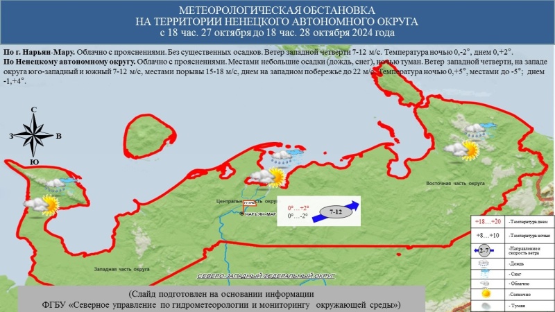 ЕЖЕДНЕВНЫЙ ОПЕРАТИВНЫЙ ПРОГНОЗ возникновения и развития чрезвычайных ситуаций на территории Ненецкого автономного округа на 28 октября 2024 года