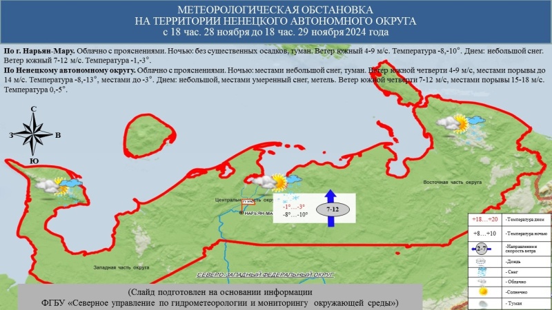 ЕЖЕДНЕВНЫЙ ОПЕРАТИВНЫЙ ПРОГНОЗ возникновения и развития чрезвычайных ситуаций на территории Ненецкого автономного округа на 29 ноября 2024 года